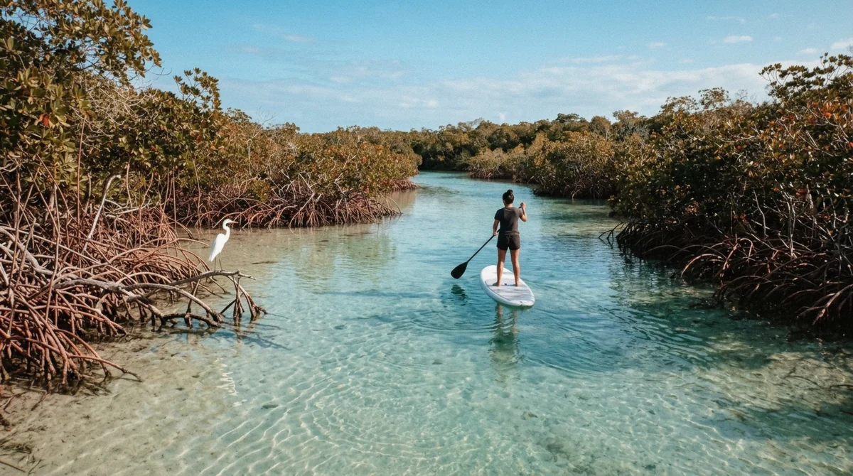 A paddleboarder crossing the mangrove channel at Casa Cenote near Tulum
