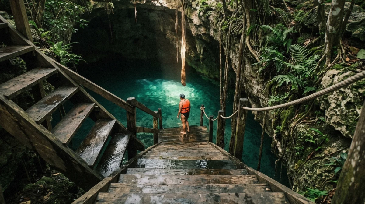 Wooden stairs into a semi-open cave cenote on the Cenotes Casa Tortuga day pass near Tulum