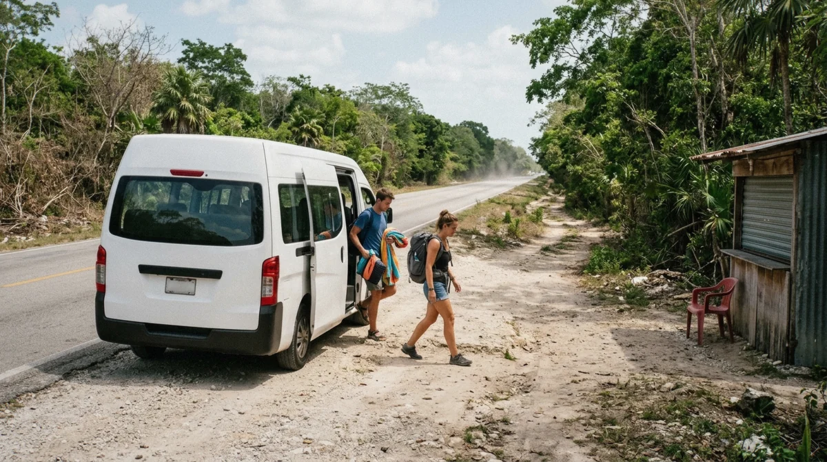 A colectivo van dropping passengers at a cenote turn-off on Highway 307 near Tulum