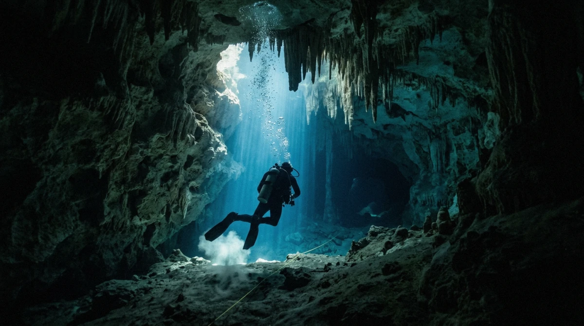 Clear water and light beams underwater, what discover scuba diving in Tulum looks like below the surface
