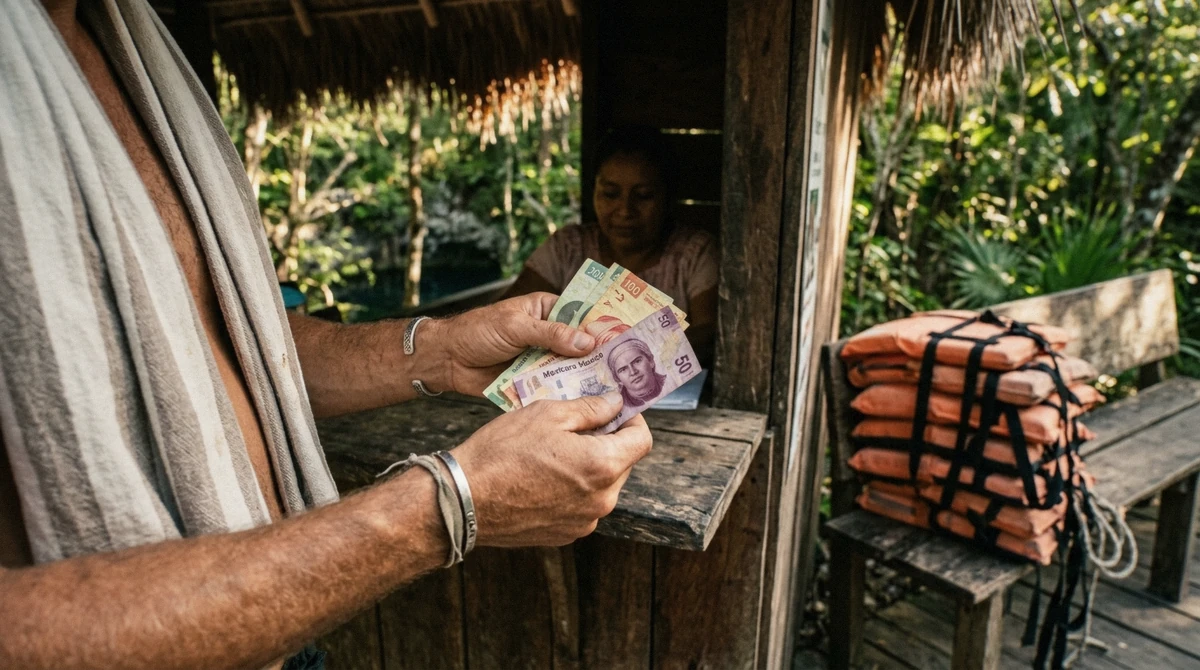 Peso notes at a cenote ticket hut, the cash a Cenotes Casa Tortuga visitor pays at the gate