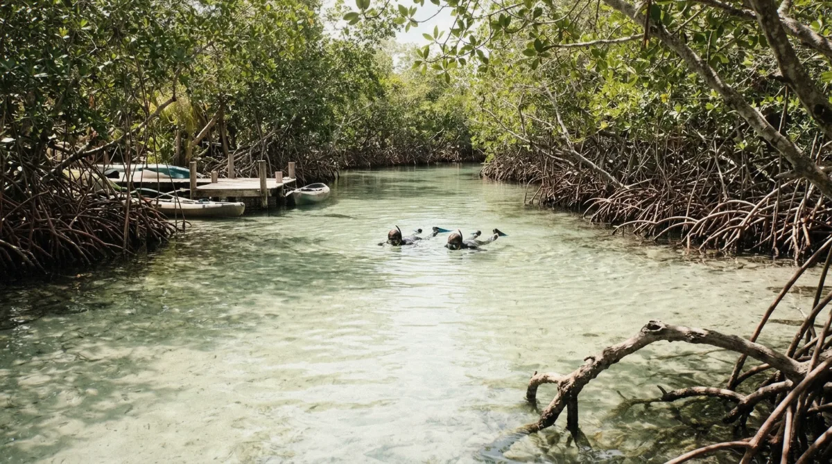 Casa Cenote at first light, the opening stop on this 3 cenotes tour from Tulum